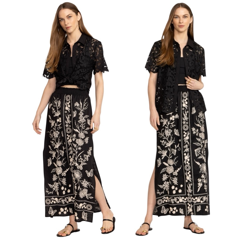 Johnny Was Domingo High Slit Linen Maxi Skirt w/Embroidery Blk/Wht Sz L NWT